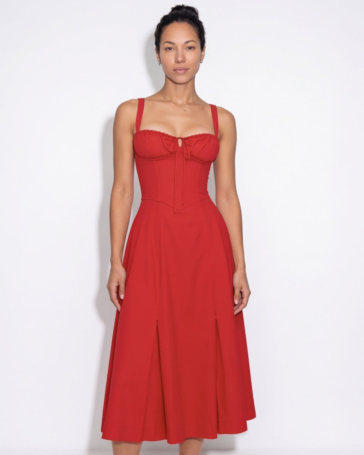 Ruched Tie-Front Corset Midi Dress