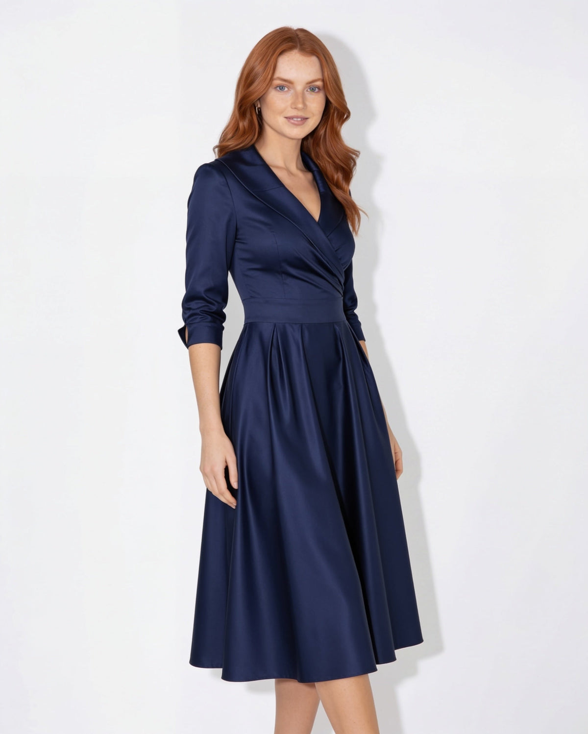 Notched Lapel Wrap Midi Dress
