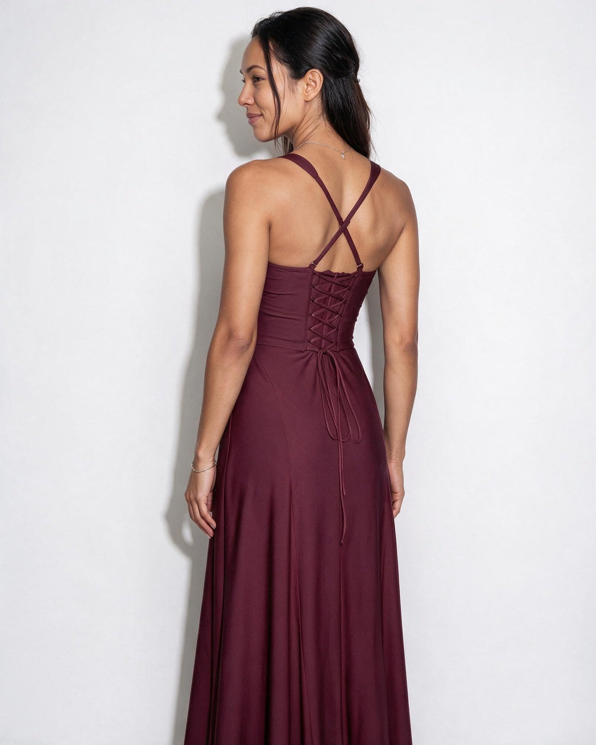 Ruched Lace-Up Back Maxi Dress