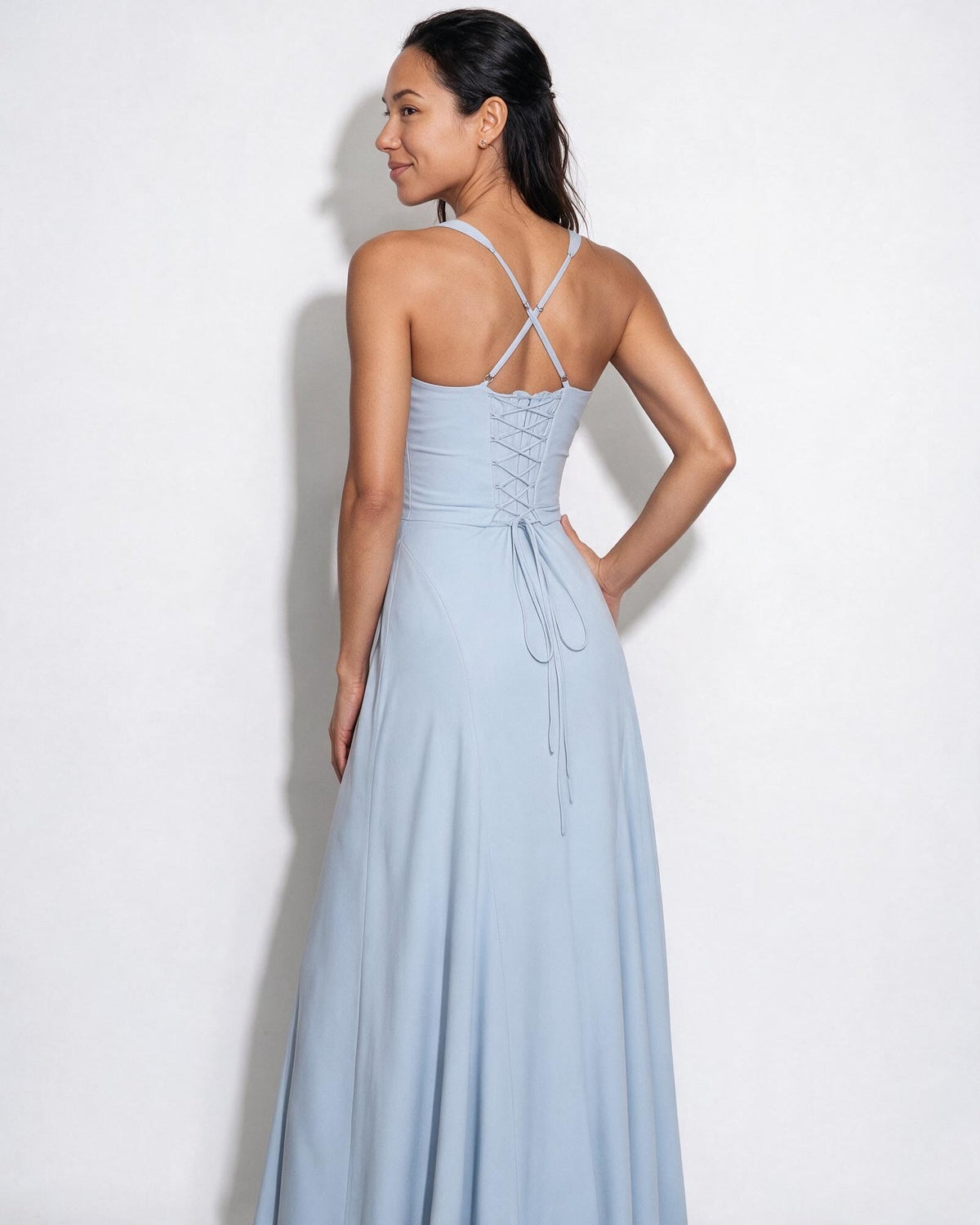 Ruched Lace-Up Back Maxi Dress