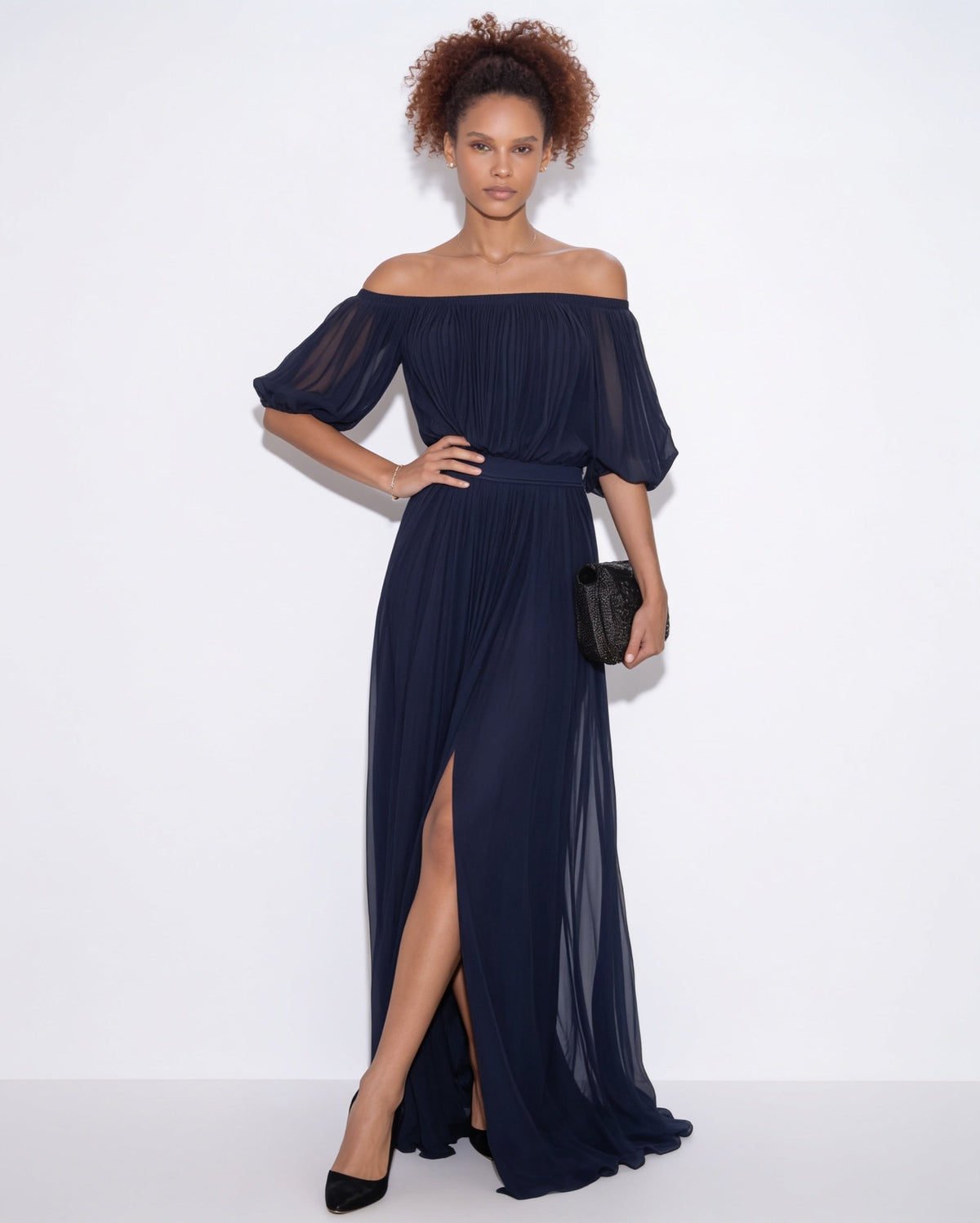 Pleated Off-Shoulder Slit Maxi Gown