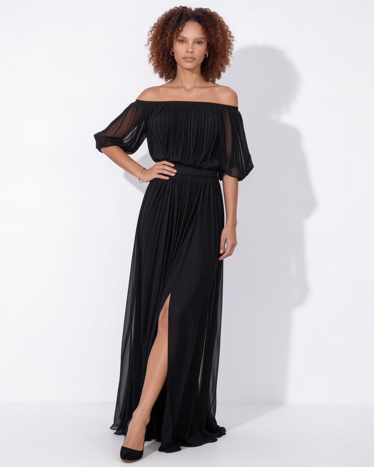 Pleated Off-Shoulder Slit Maxi Gown