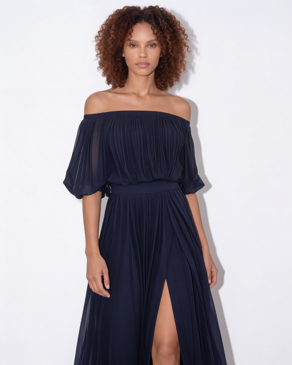 Pleated Off-Shoulder Slit Maxi Gown
