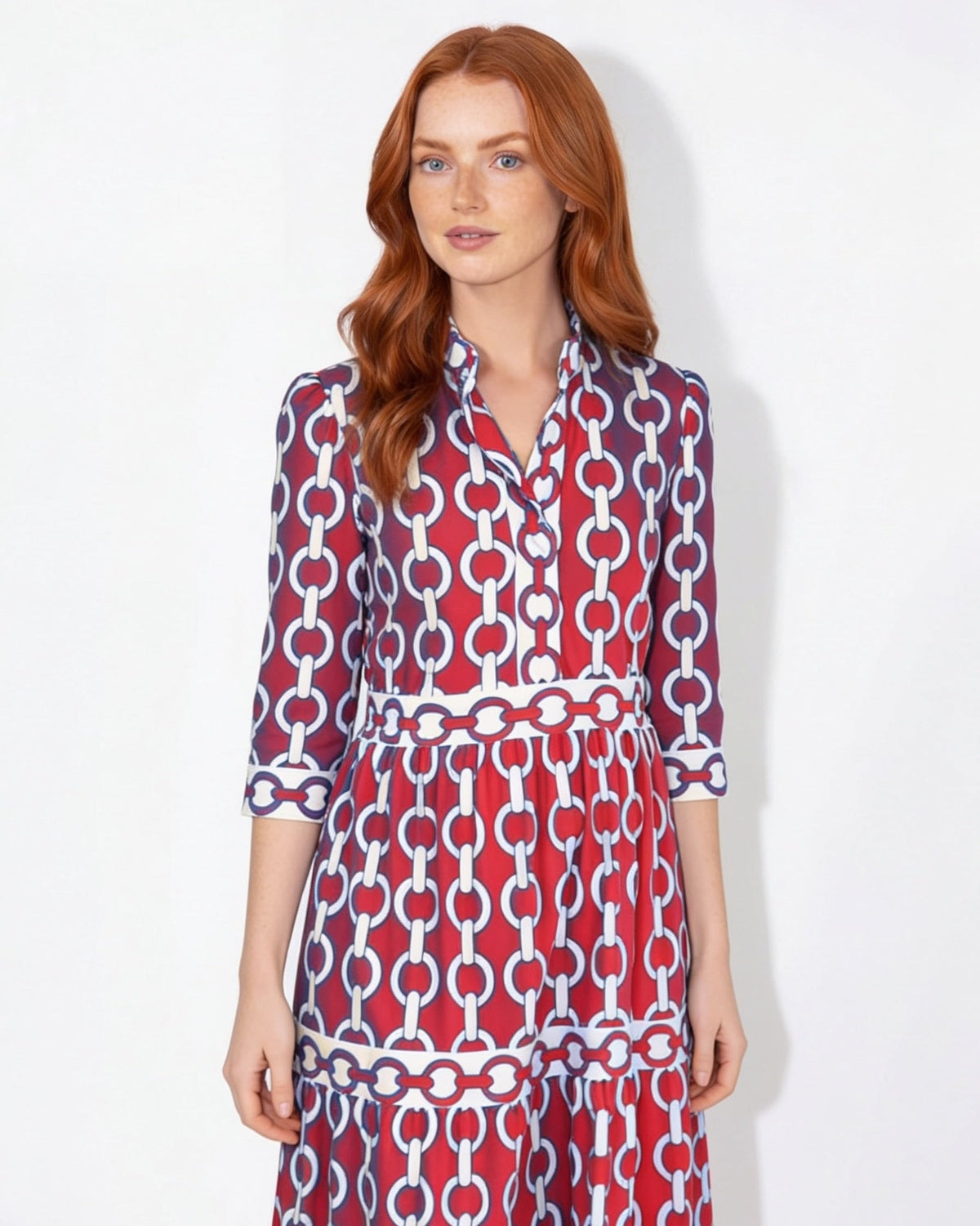 Chain-Link Print Tiered Shirt Dress
