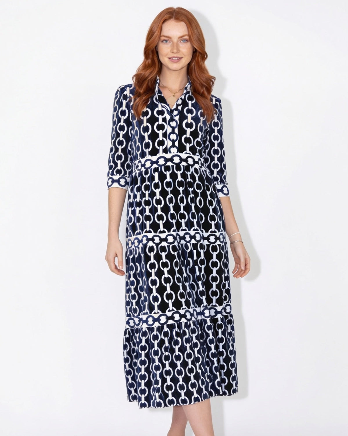 Chain-Link Print Tiered Shirt Dress