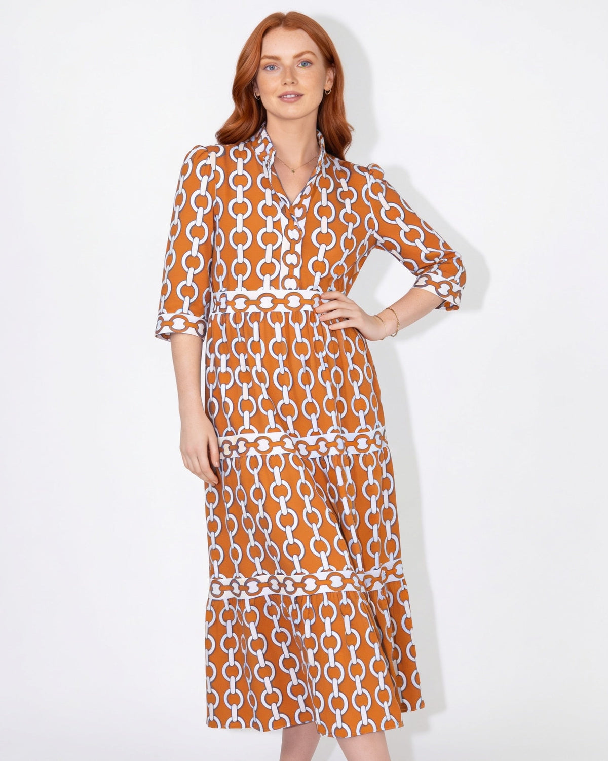 Chain-Link Print Tiered Shirt Dress