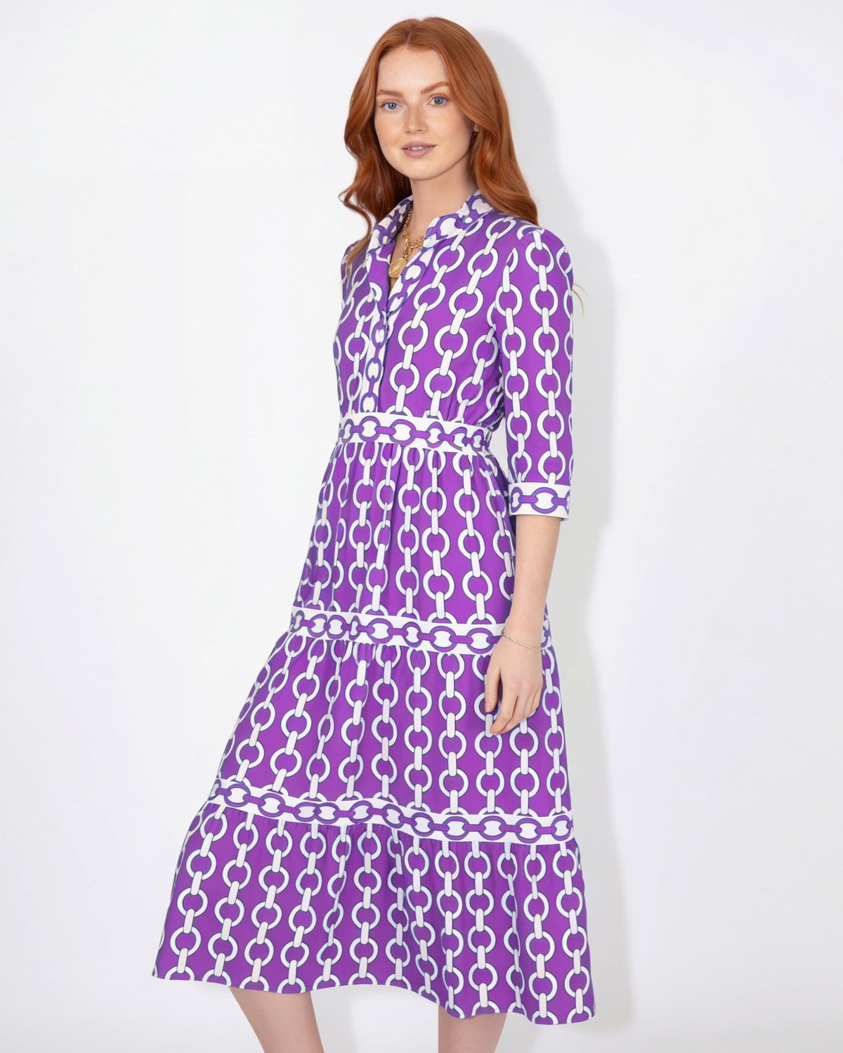 Chain-Link Print Tiered Shirt Dress