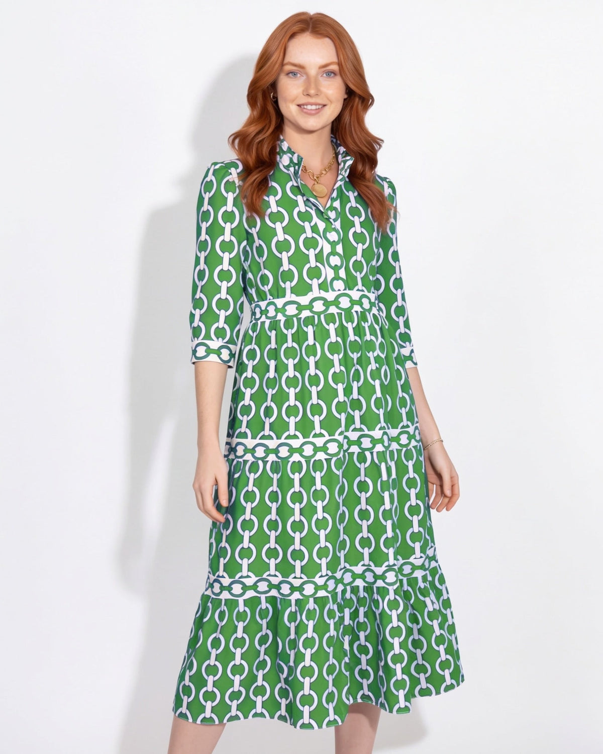 Chain-Link Print Tiered Shirt Dress