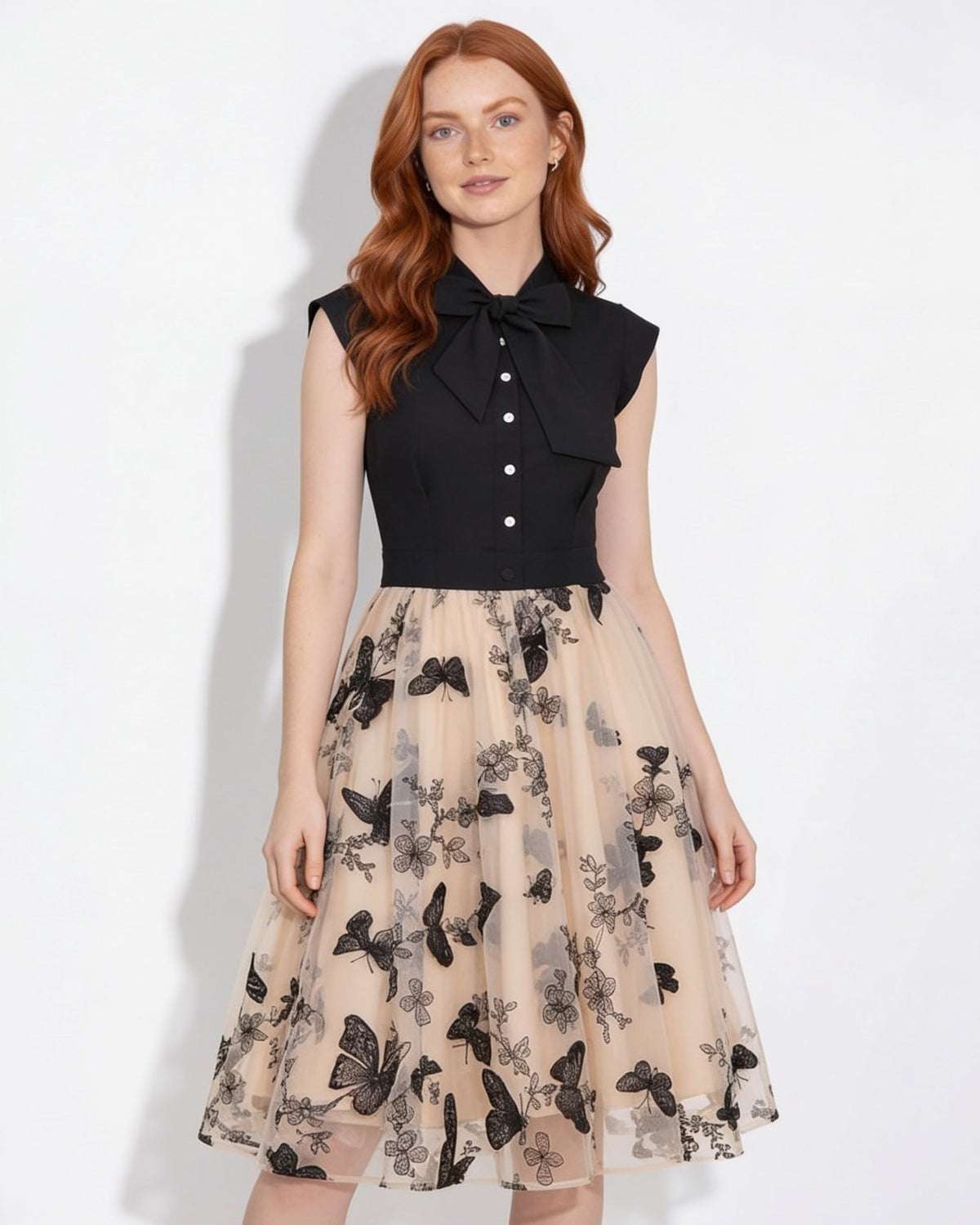 Butterfly Print Tie-Neck Midi Dress