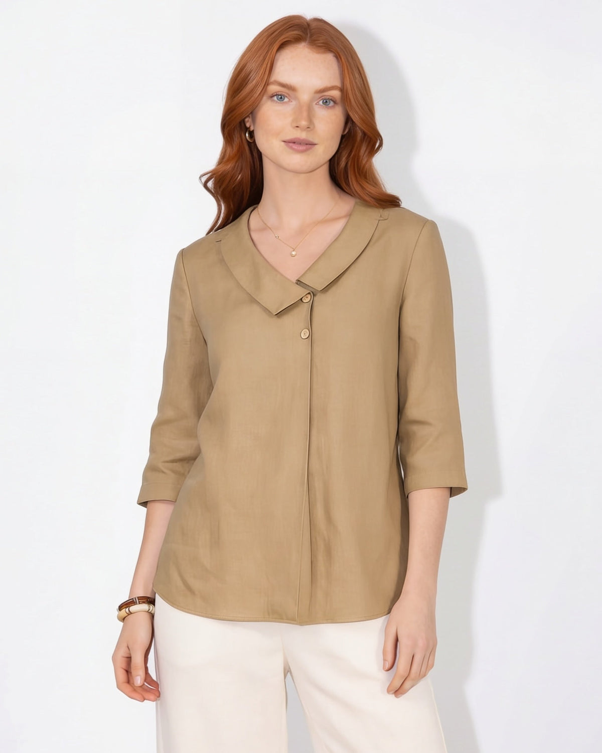 Asymmetric Rounded Collar Three-Quarter Sleeve Blouse