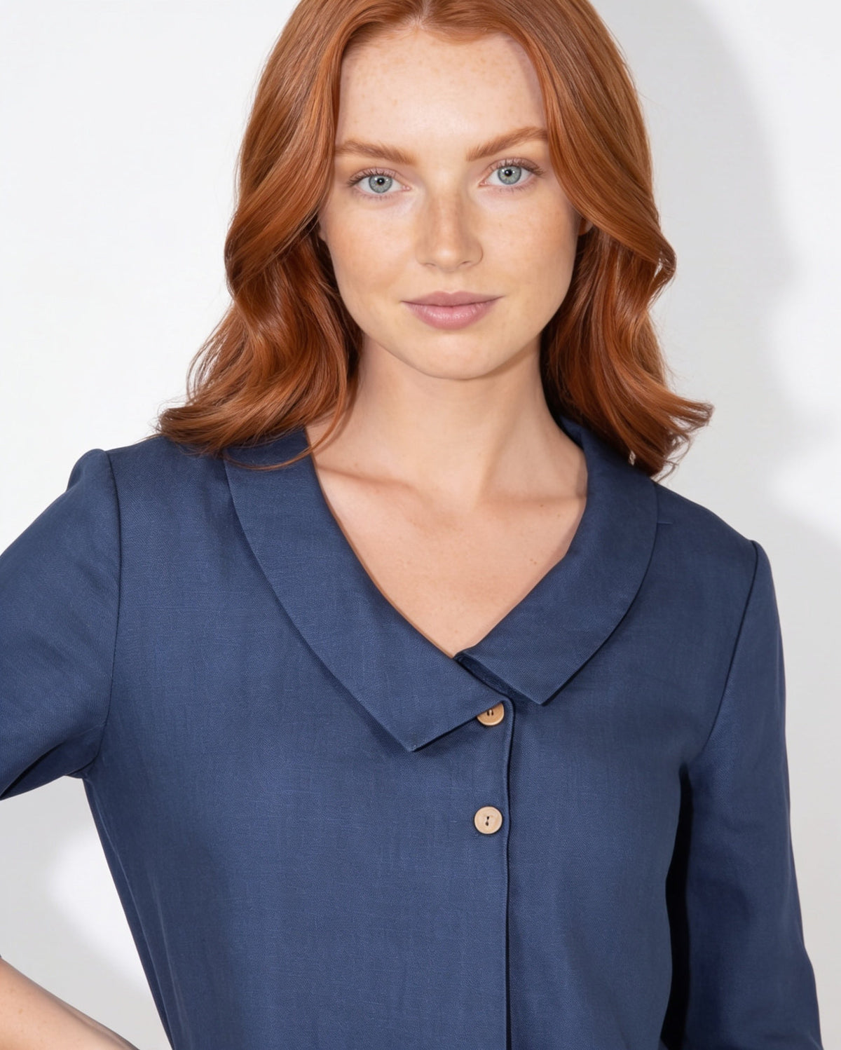 Asymmetric Rounded Collar Three-Quarter Sleeve Blouse