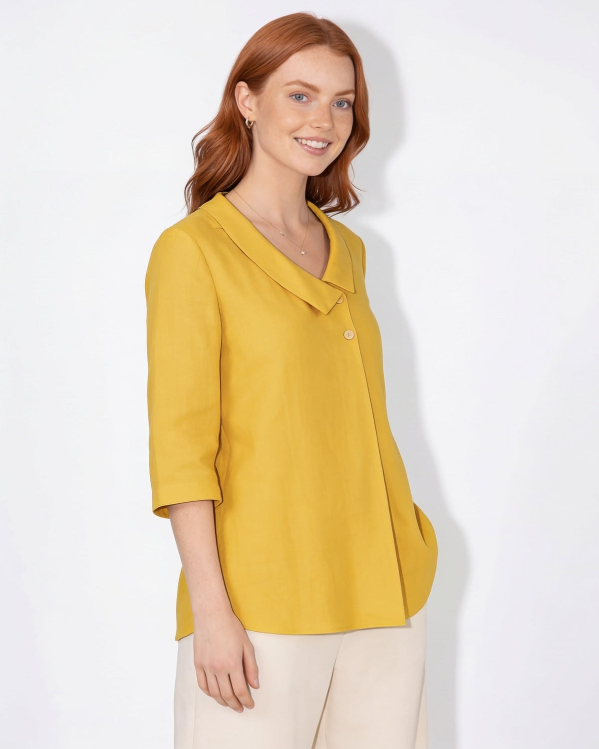 Asymmetric Rounded Collar Three-Quarter Sleeve Blouse