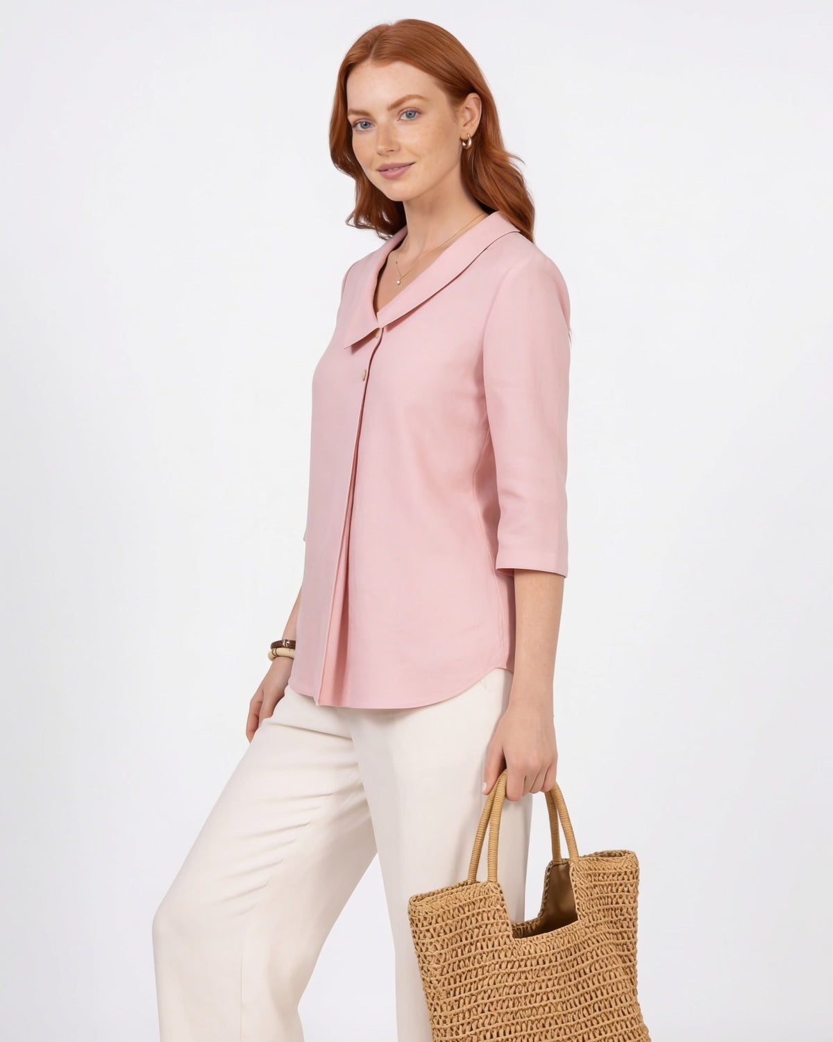 Asymmetric Rounded Collar Three-Quarter Sleeve Blouse