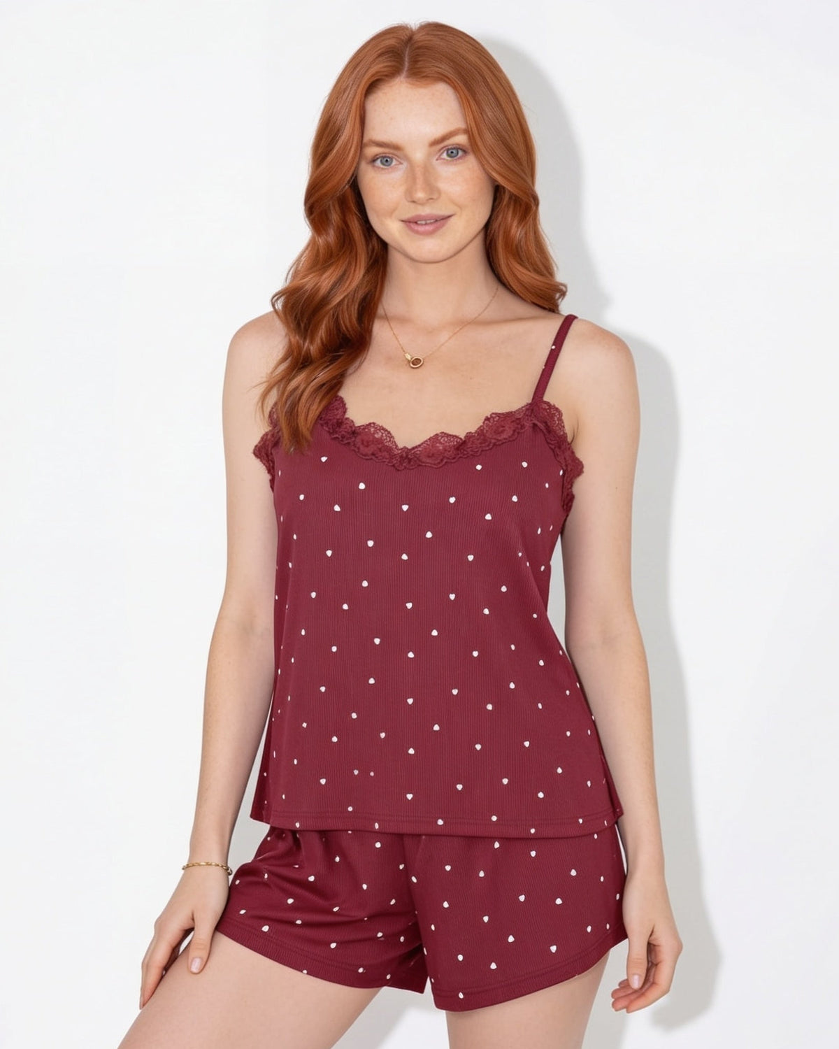 Heart Print Lace-Trim Pyjama Set