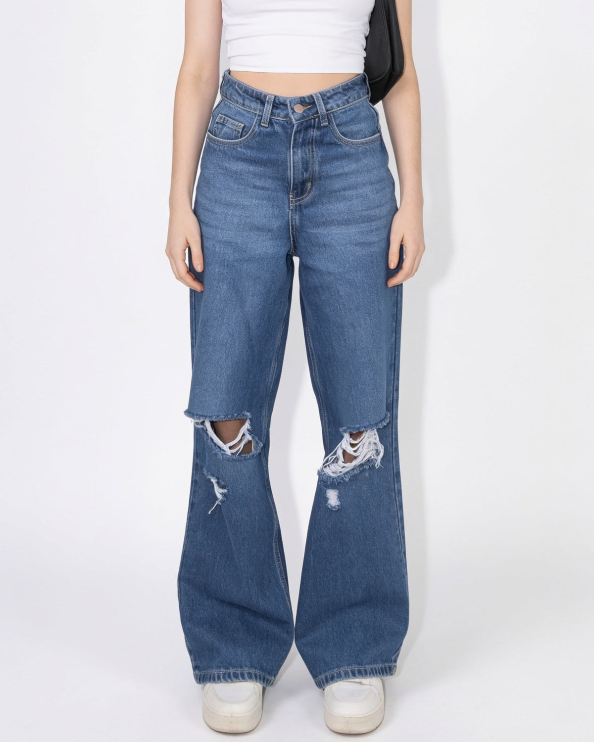 Ripped Knee Wide Leg Cotton Jeans