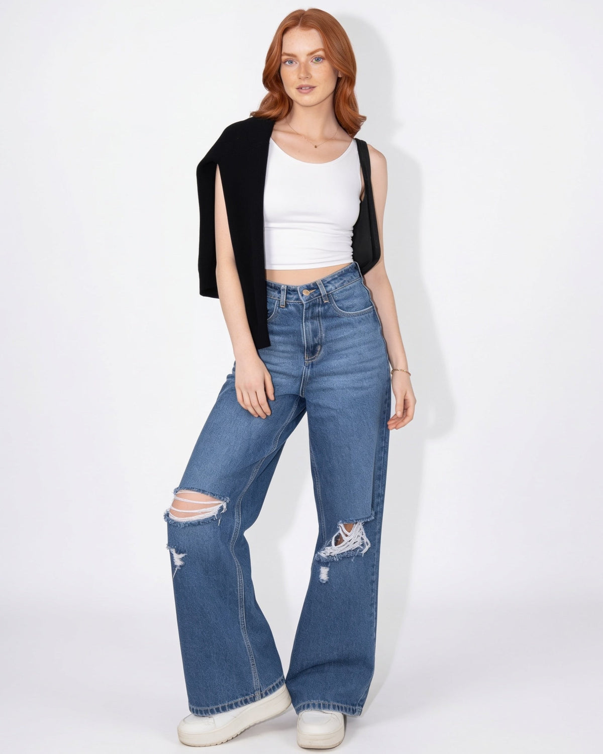 Ripped Knee Wide Leg Cotton Jeans