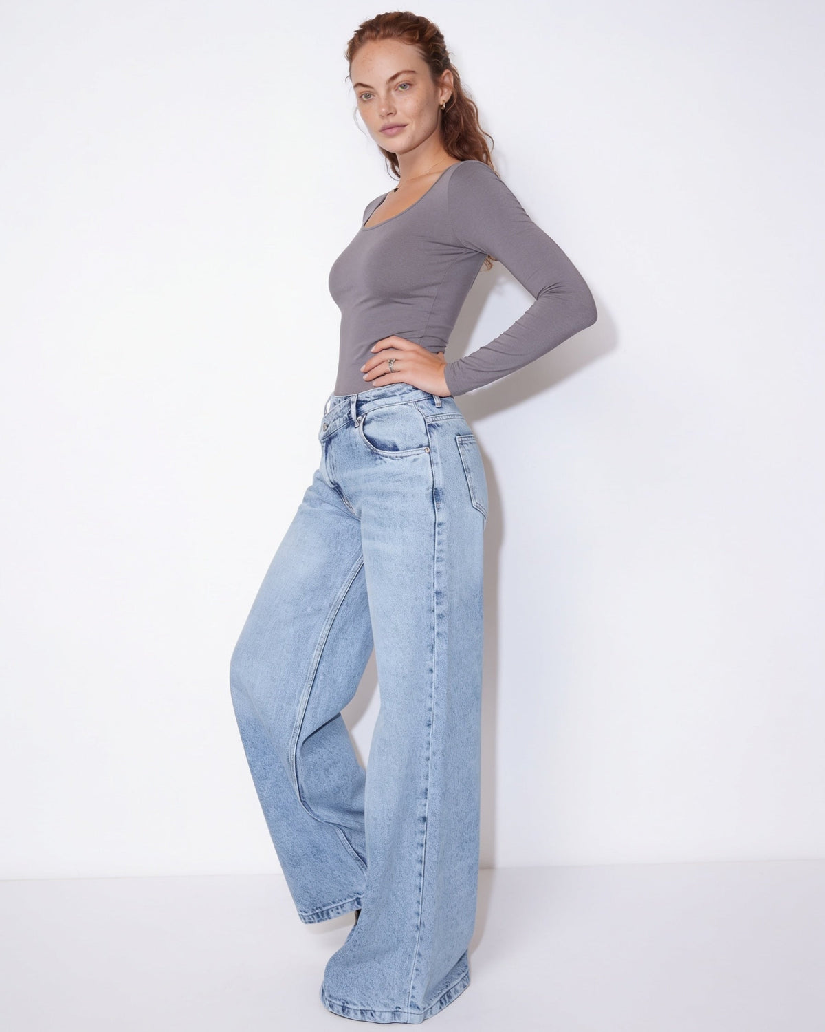 Cotton Crossover Waist Wide-Leg Jeans