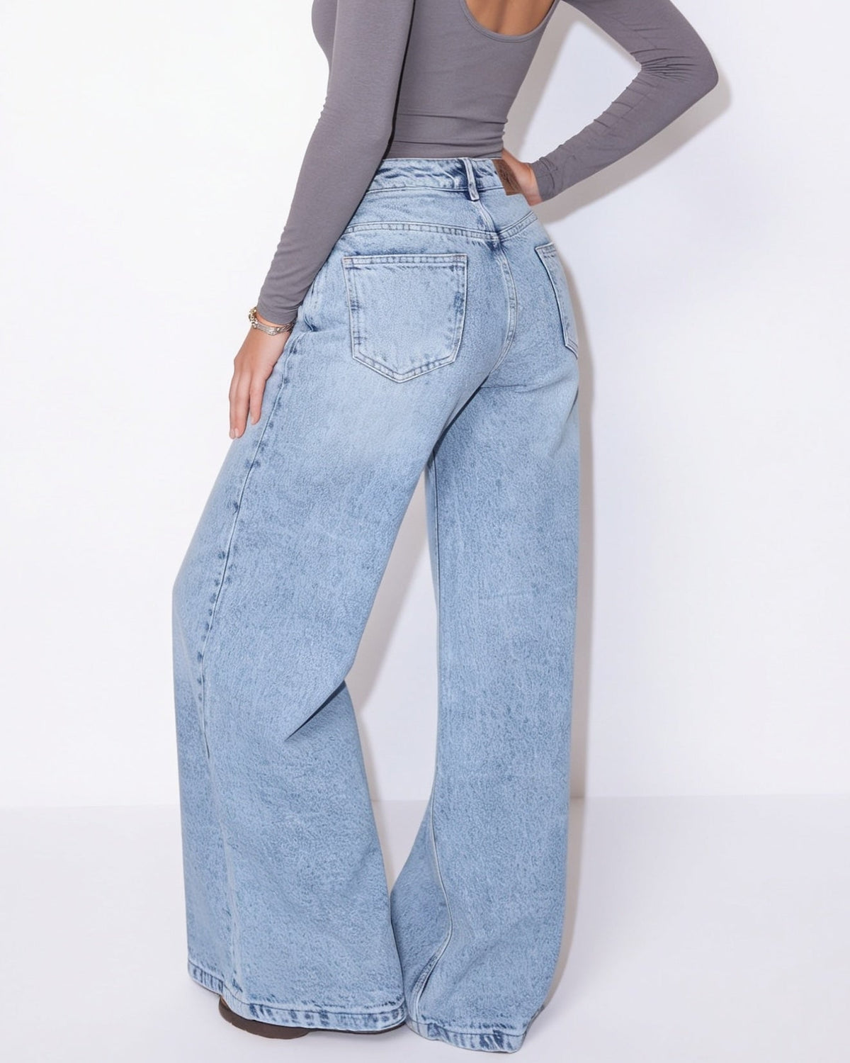 Cotton Crossover Waist Wide-Leg Jeans