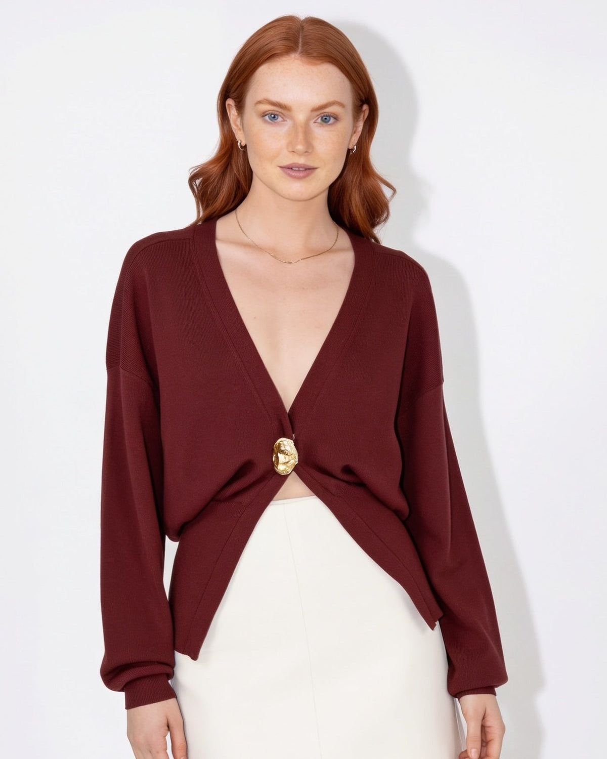 V-Neck Metallic-Button Split-Hem Cardigan