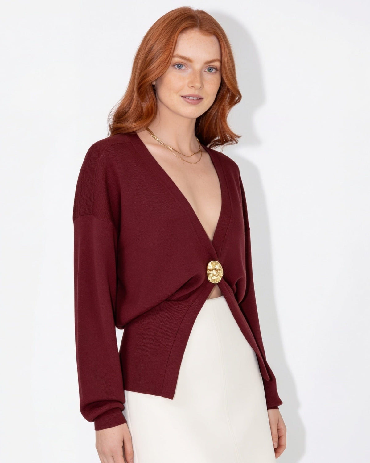 V-Neck Metallic-Button Split-Hem Cardigan