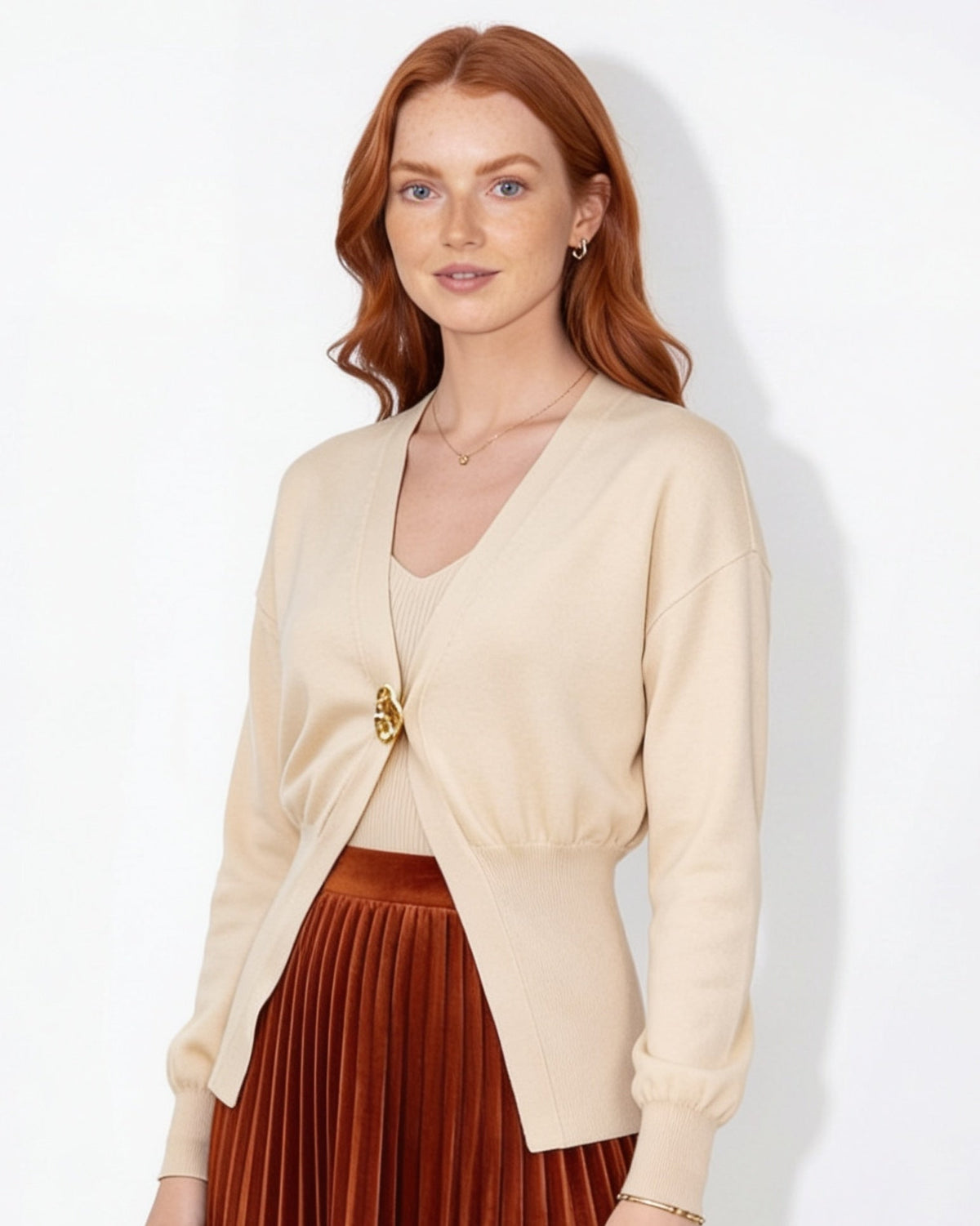 V-Neck Metallic-Button Split-Hem Cardigan