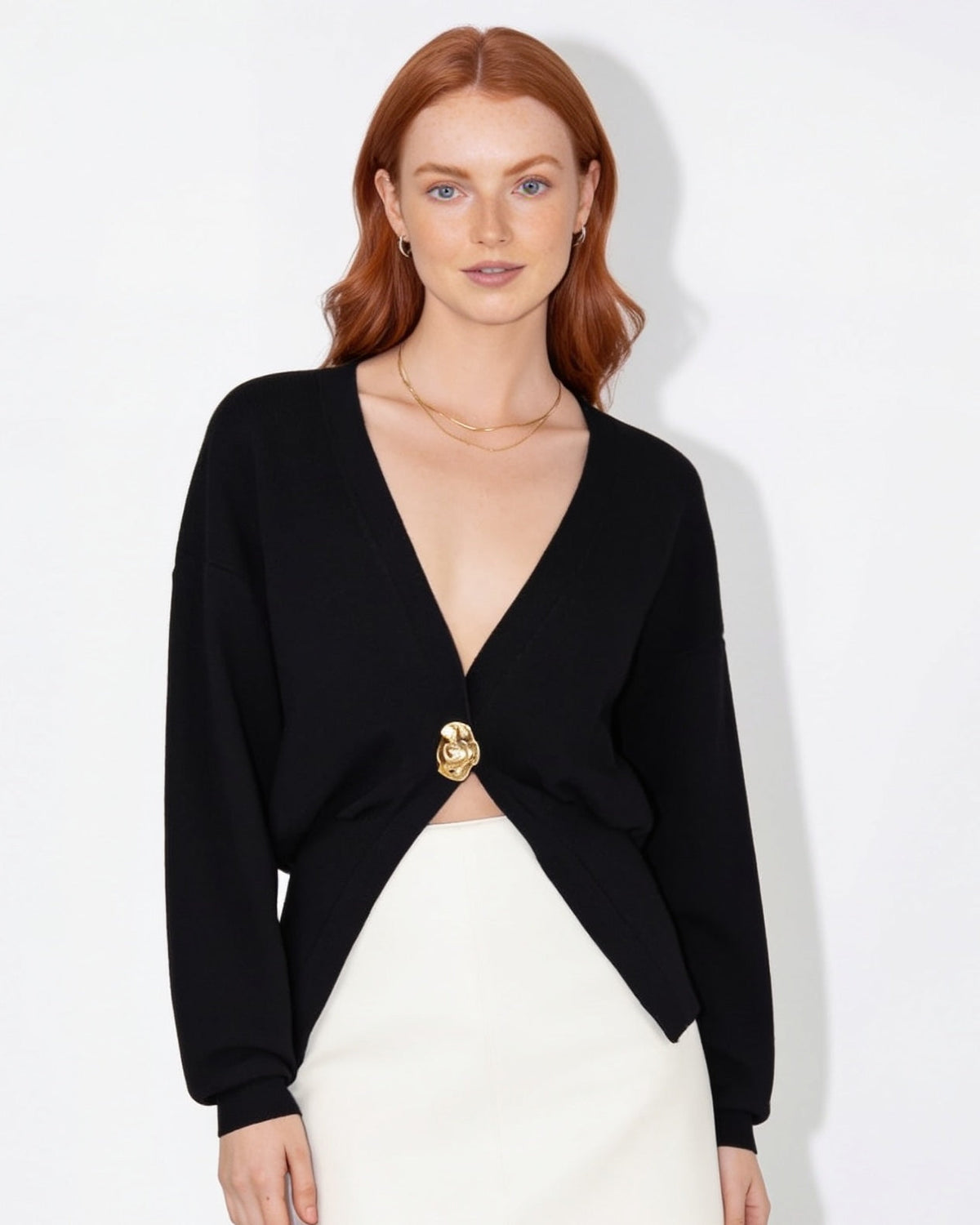 V-Neck Metallic-Button Split-Hem Cardigan