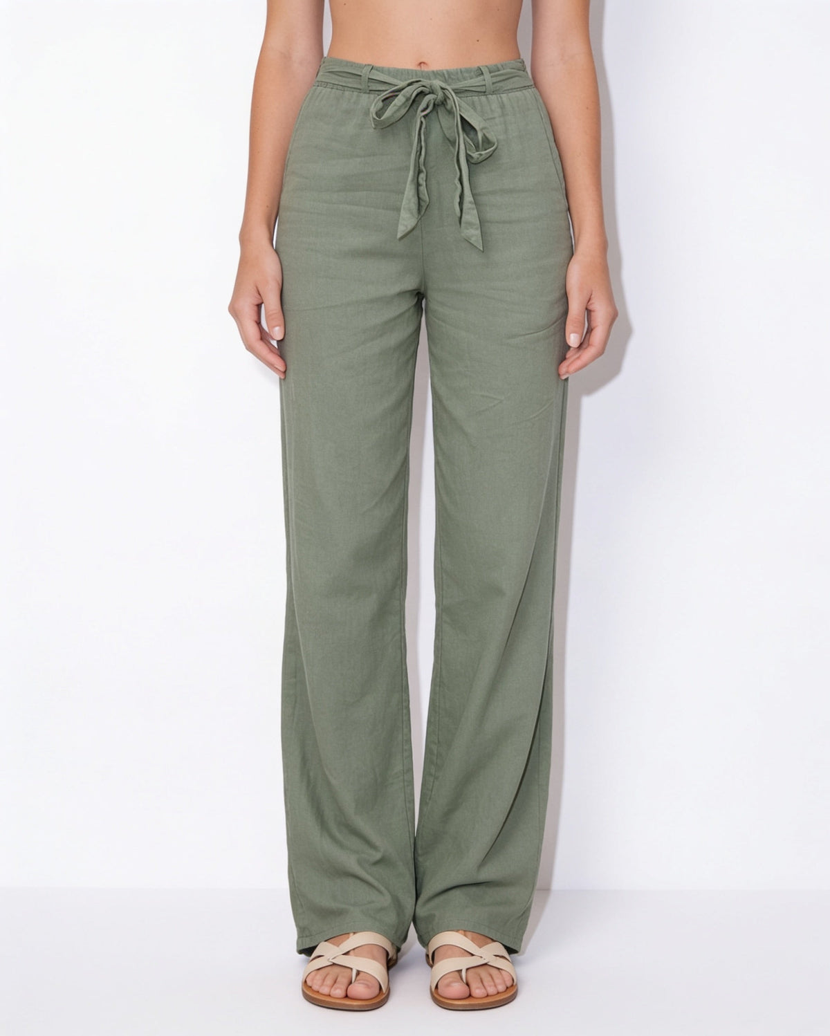 Cotton Linen Tie-Waist Wide-Leg Trousers