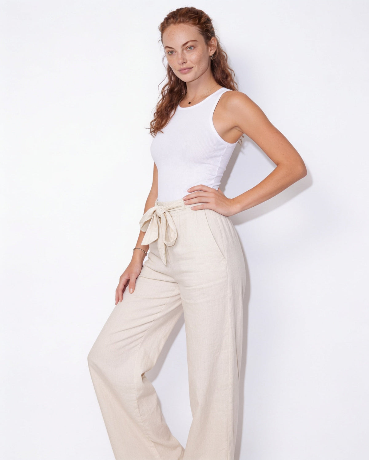 Cotton Linen Tie-Waist Wide-Leg Trousers