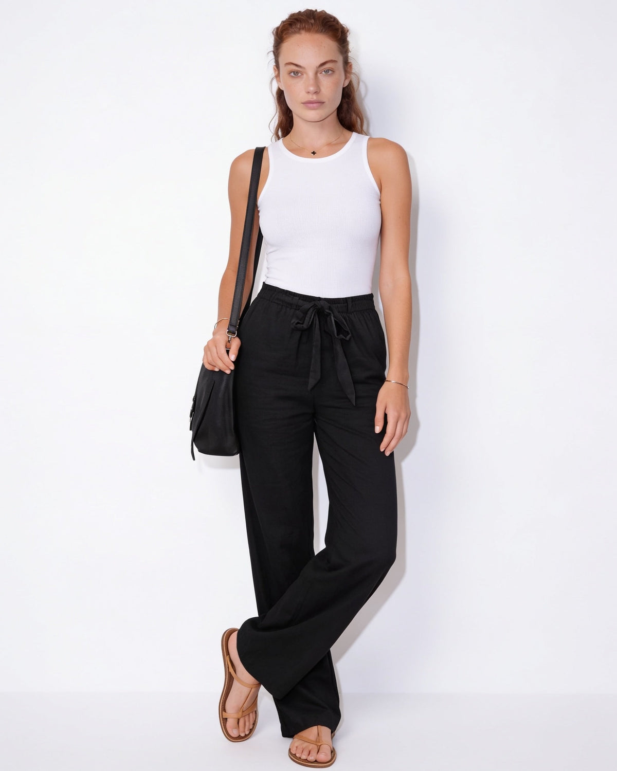 Cotton Linen Tie-Waist Wide-Leg Trousers
