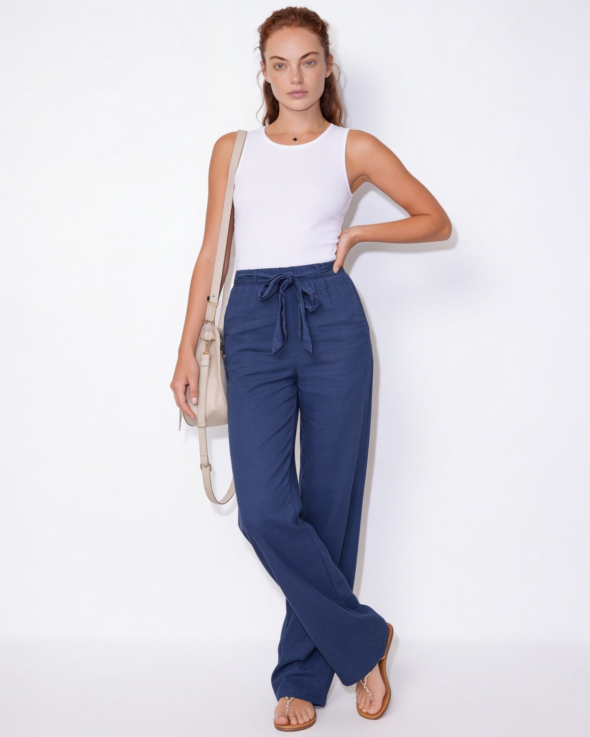Cotton Linen Tie-Waist Wide-Leg Trousers