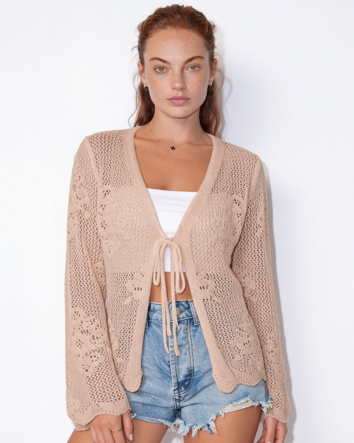 Scalloped Crochet-Knit Tie-Front Cardigan