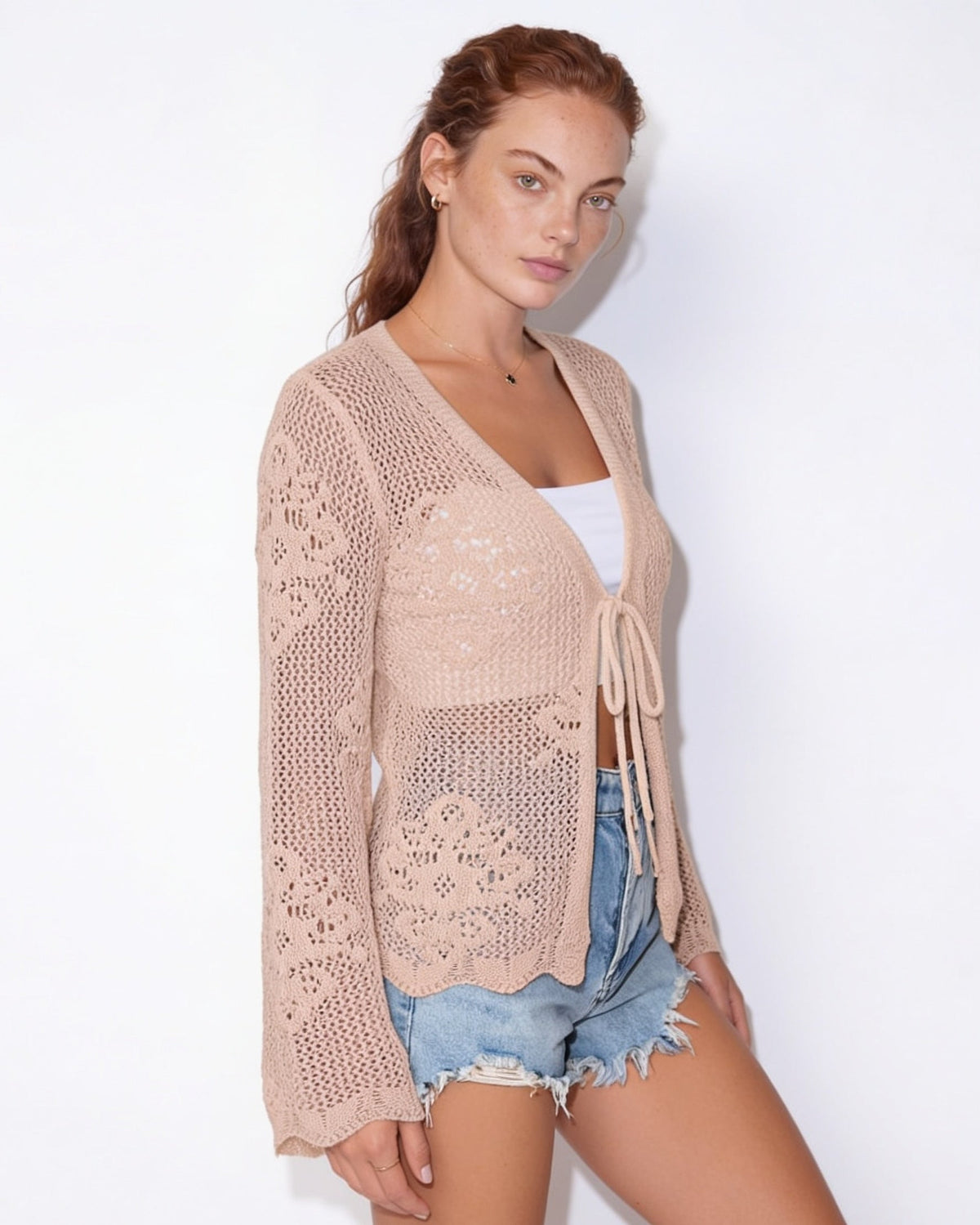 Scalloped Crochet-Knit Tie-Front Cardigan