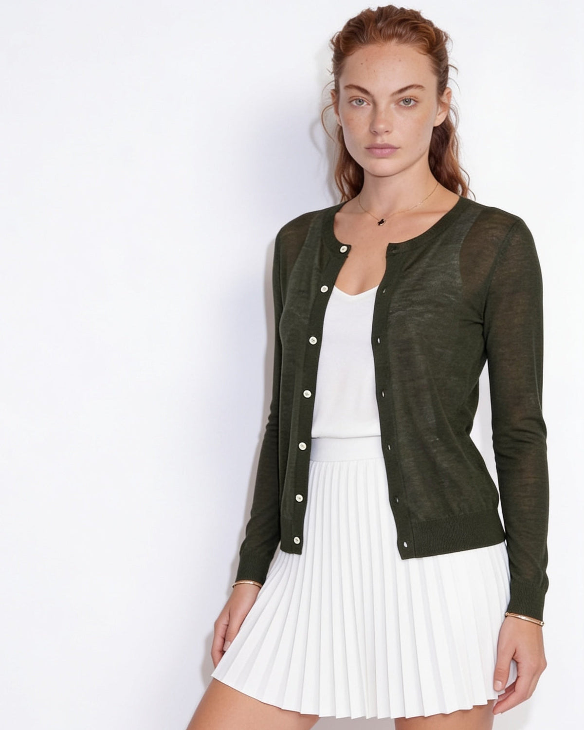 Fitted Button-Front Round-Neck Cardigan