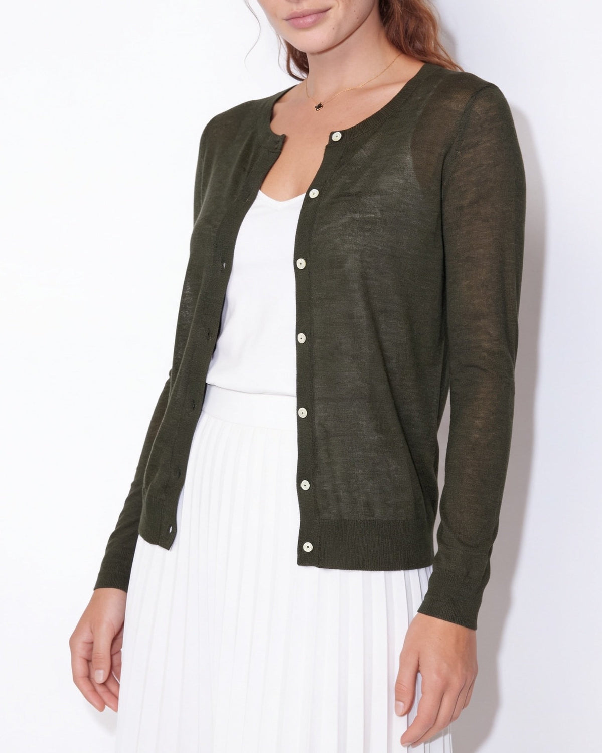 Fitted Button-Front Round-Neck Cardigan