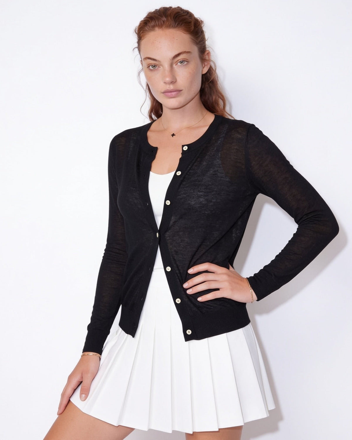 Fitted Button-Front Round-Neck Cardigan