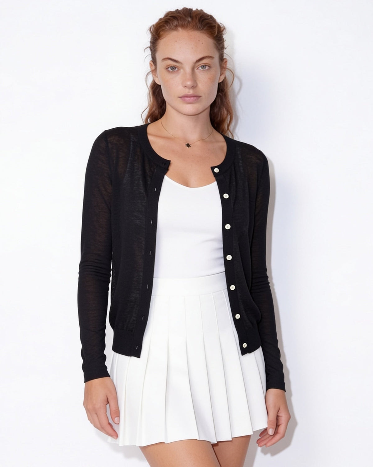 Fitted Button-Front Round-Neck Cardigan