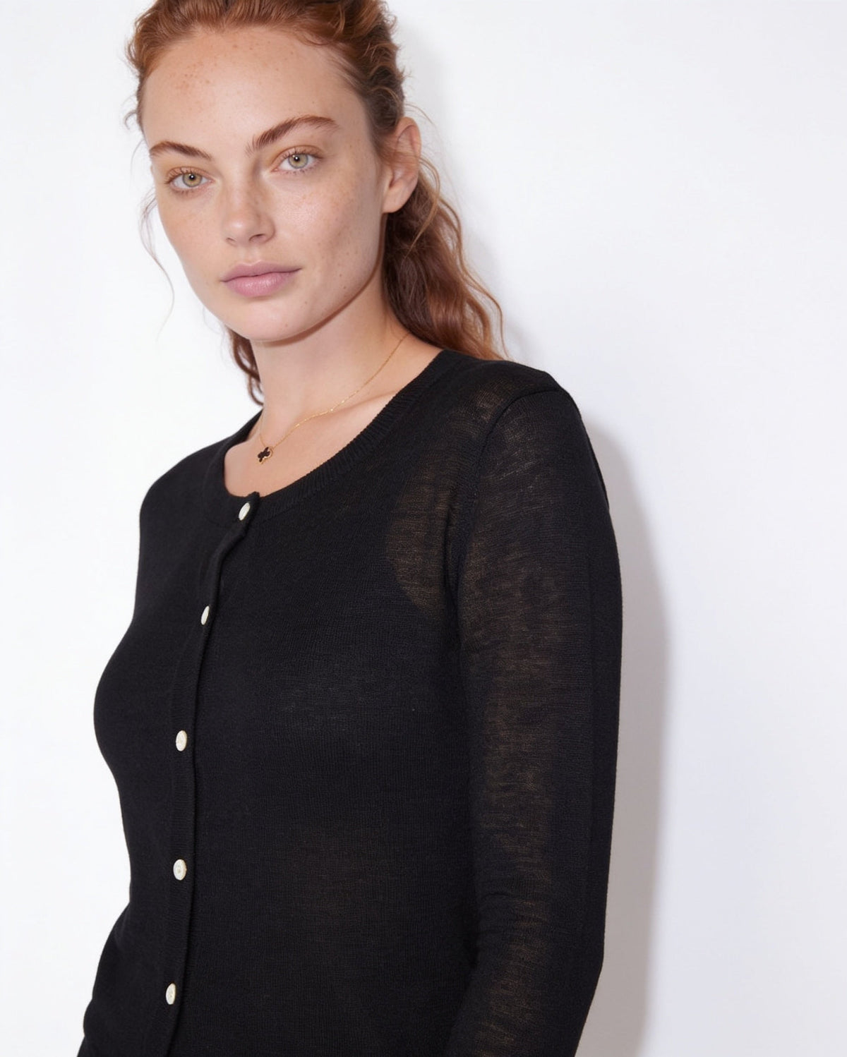 Fitted Button-Front Round-Neck Cardigan