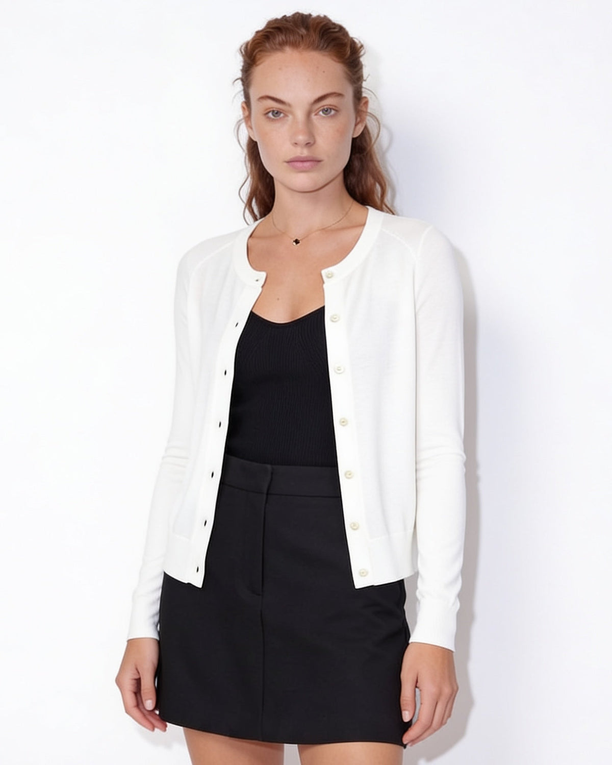 Fitted Button-Front Round-Neck Cardigan