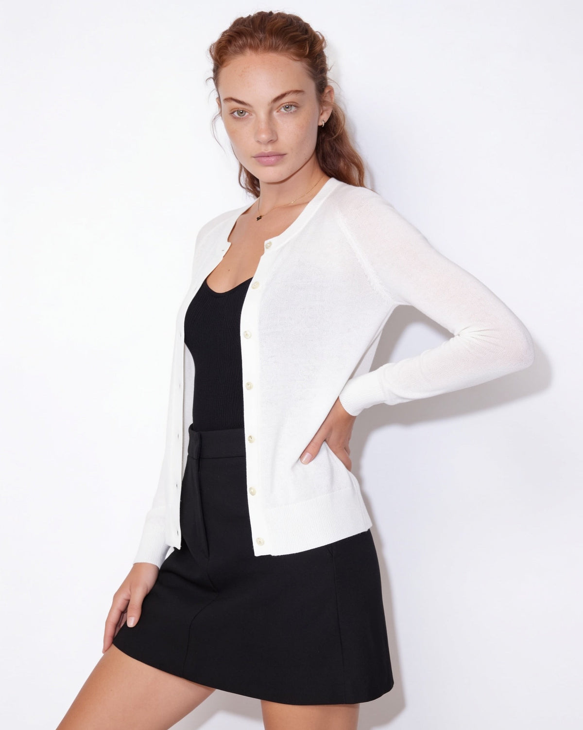Fitted Button-Front Round-Neck Cardigan