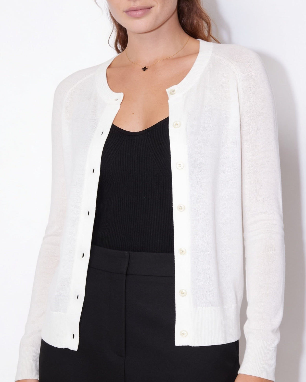 Fitted Button-Front Round-Neck Cardigan