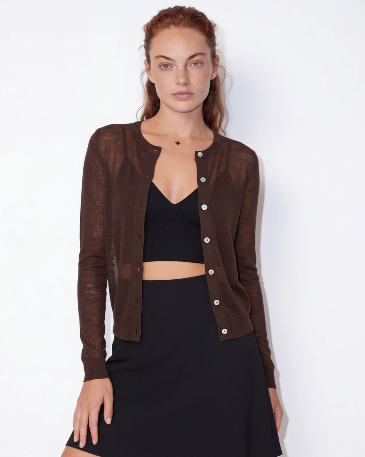 Fitted Button-Front Round-Neck Cardigan