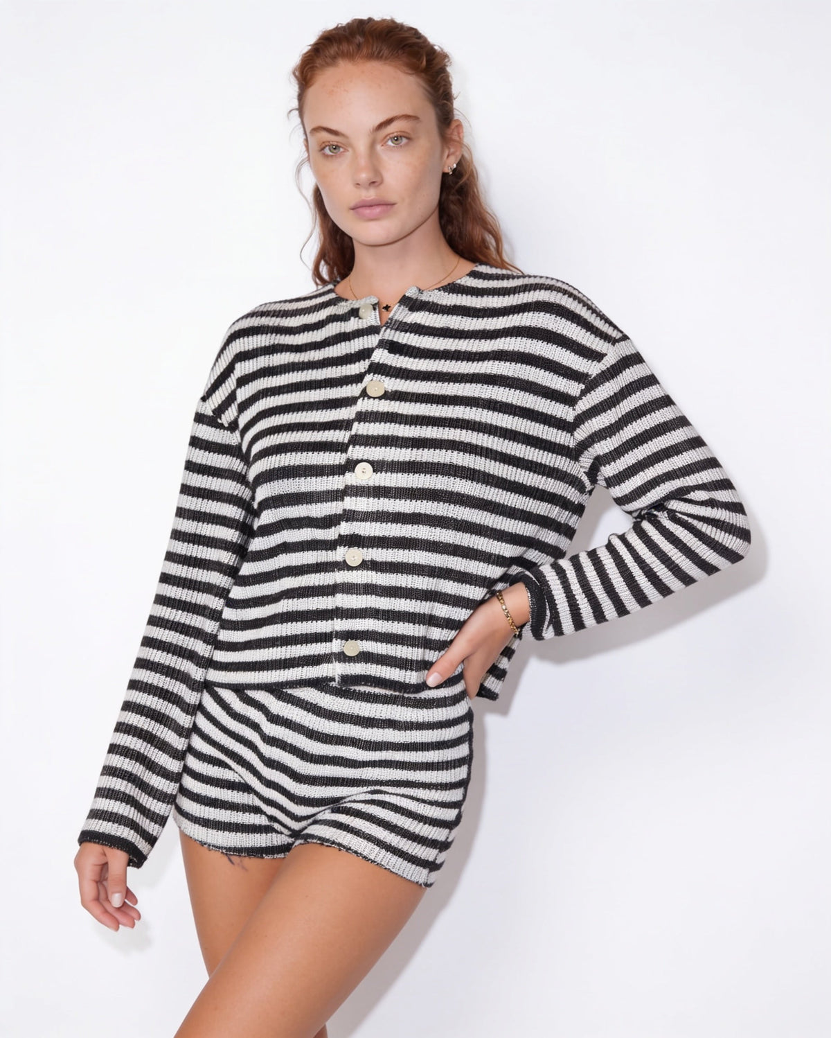 Striped Button-Front Ribbed Knit Co-ord