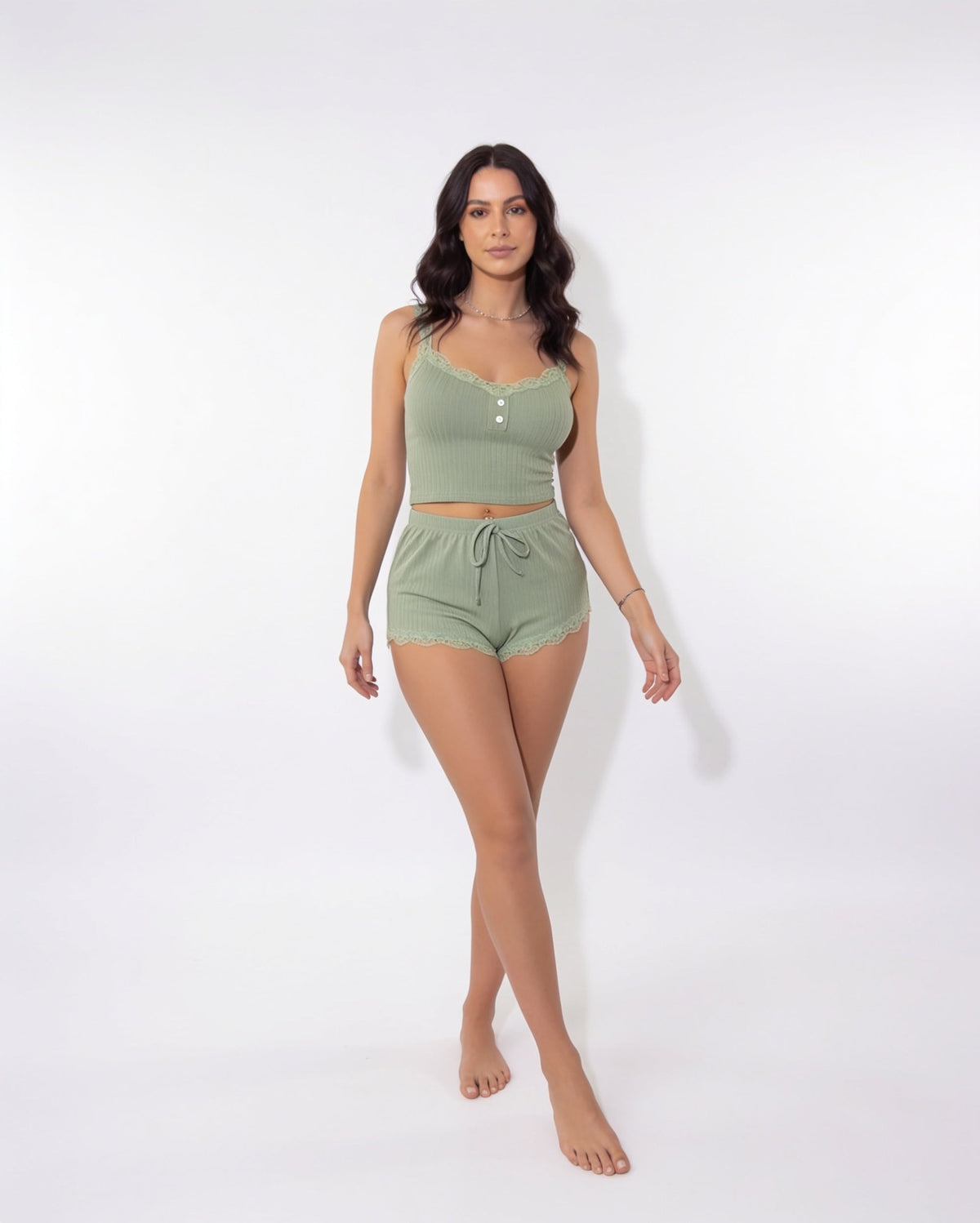 Lace-Trim Ribbed Pyjama Set