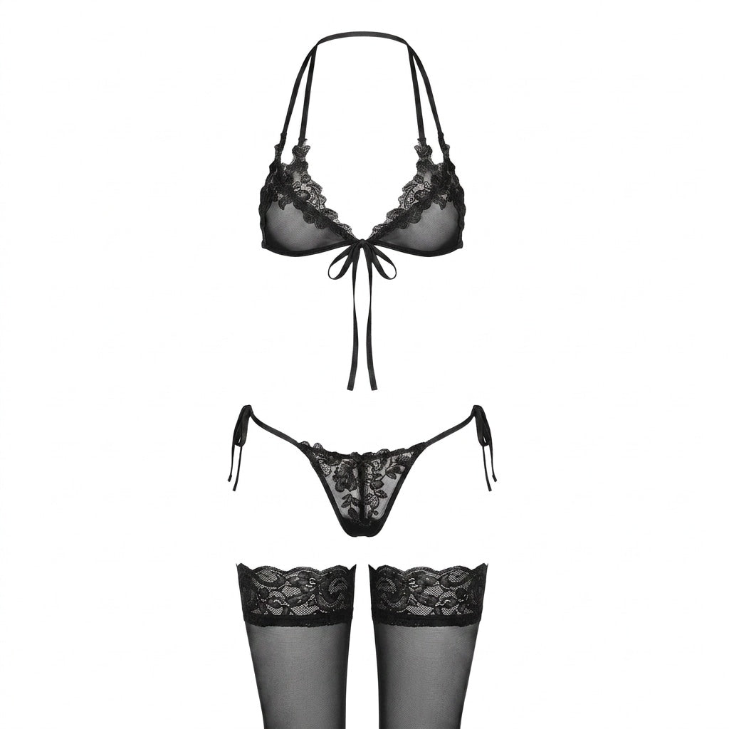 Floral Lace Halter Crotchless Lingerie Set