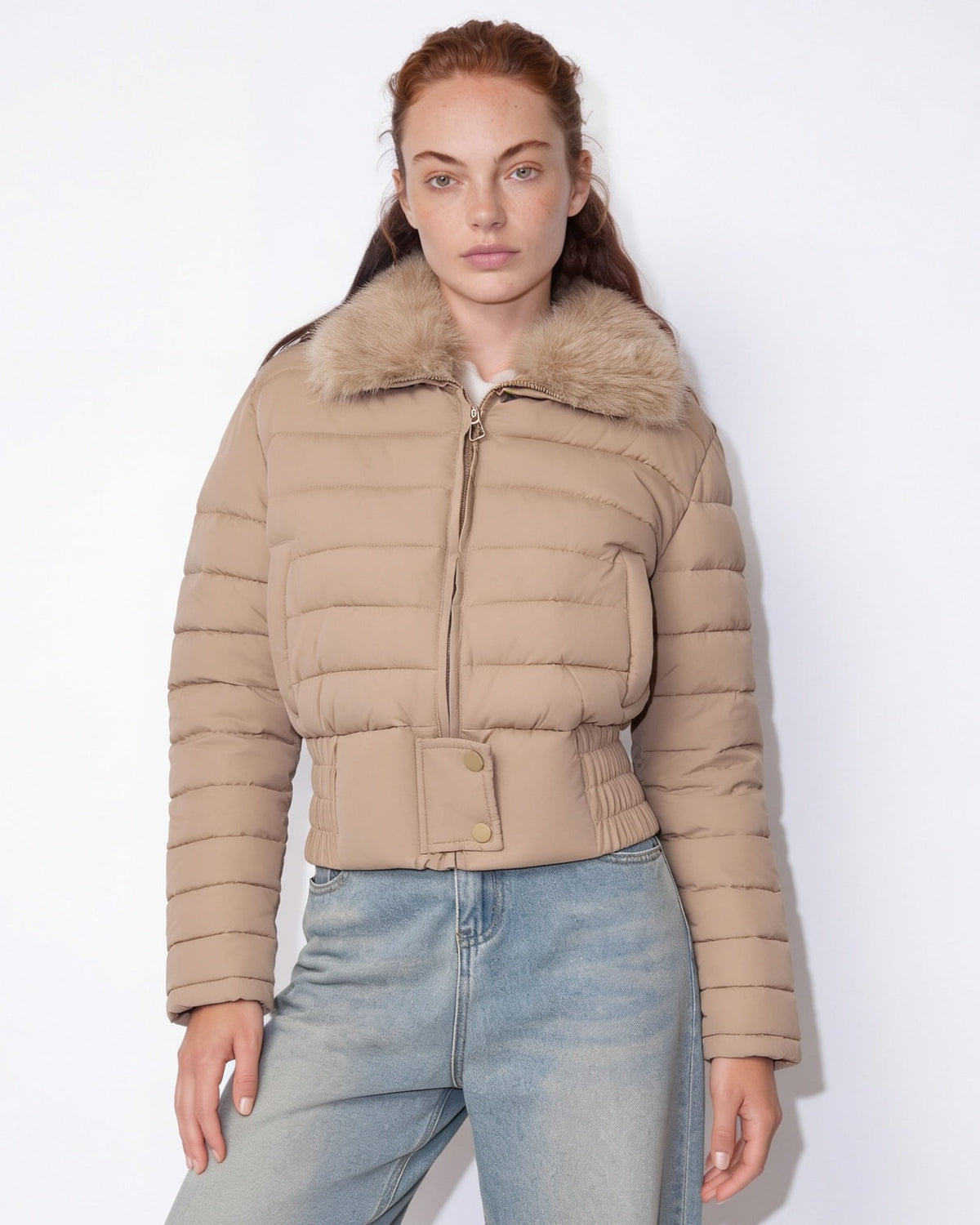Faux Fur Collar Cropped Puffer Jacket