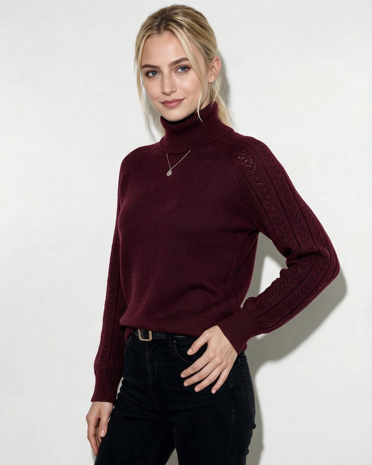 Pointelle Sleeve Turtleneck Jumper