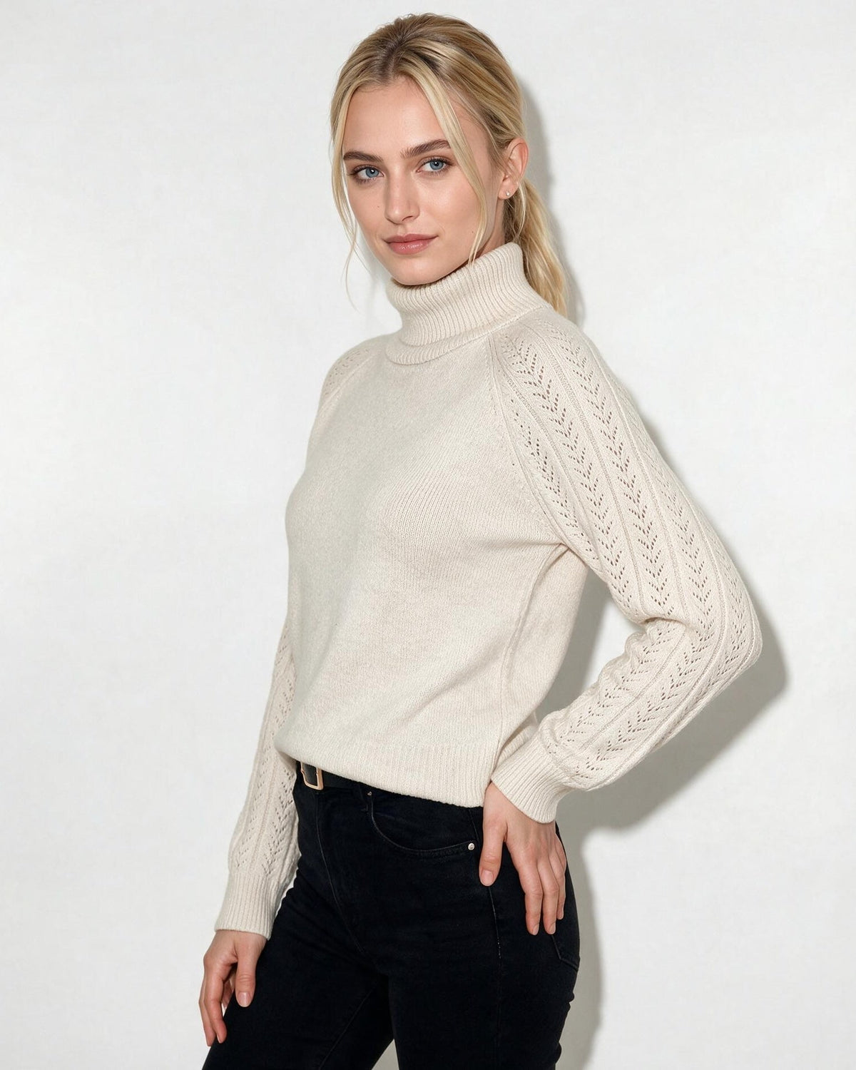 Pointelle Sleeve Turtleneck Jumper