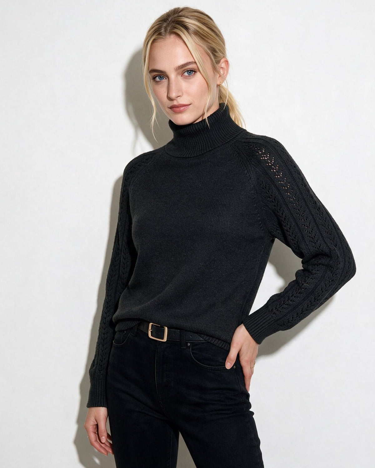 Pointelle Sleeve Turtleneck Jumper