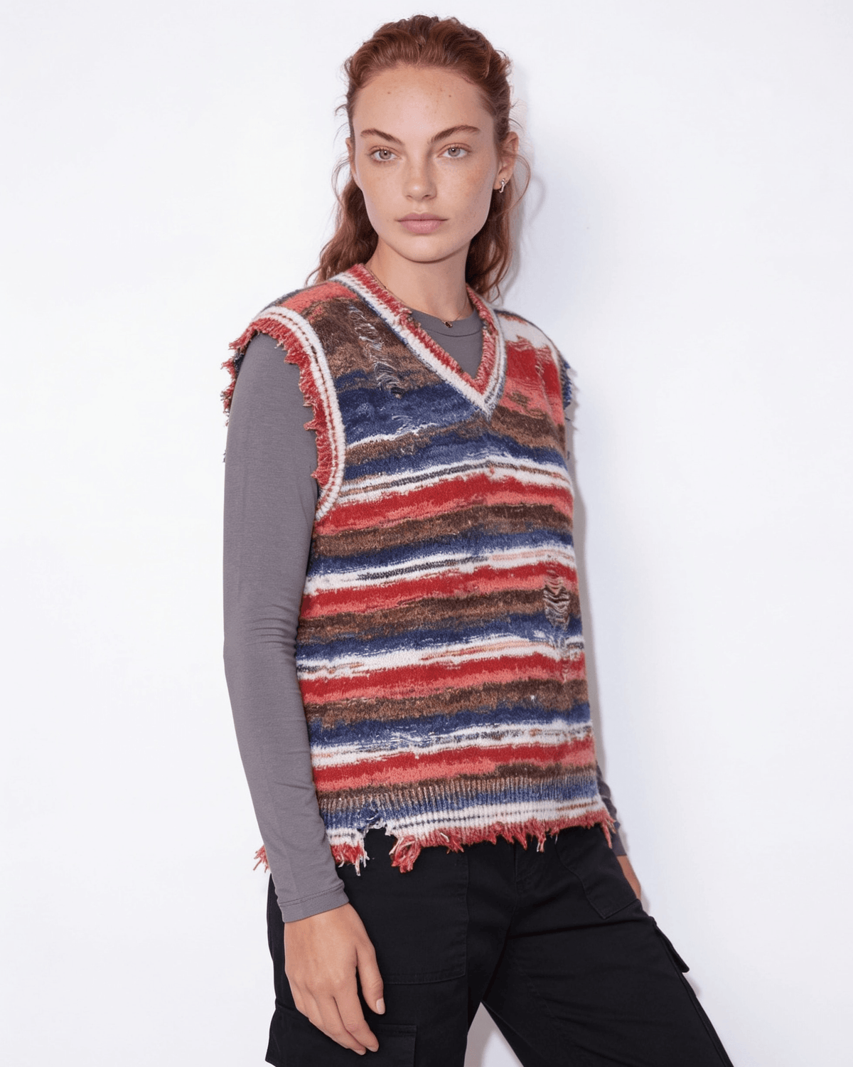 Distressed Striped V-Neck Sweater Vest