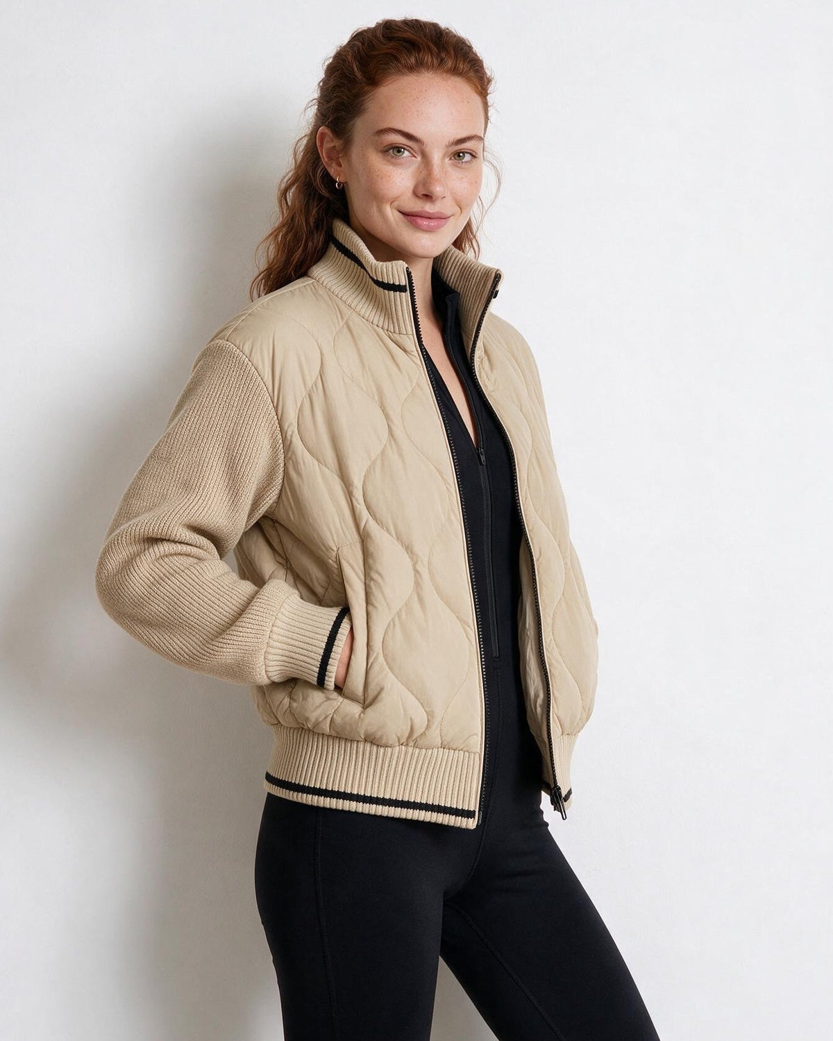 Wave Quilted Knit-Sleeve Bomber Jacket